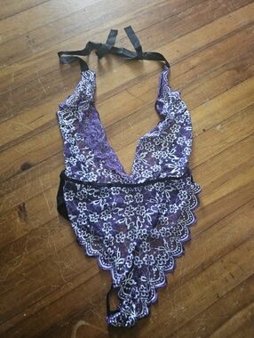 Purple Lace Halter Chemise Bodysuit